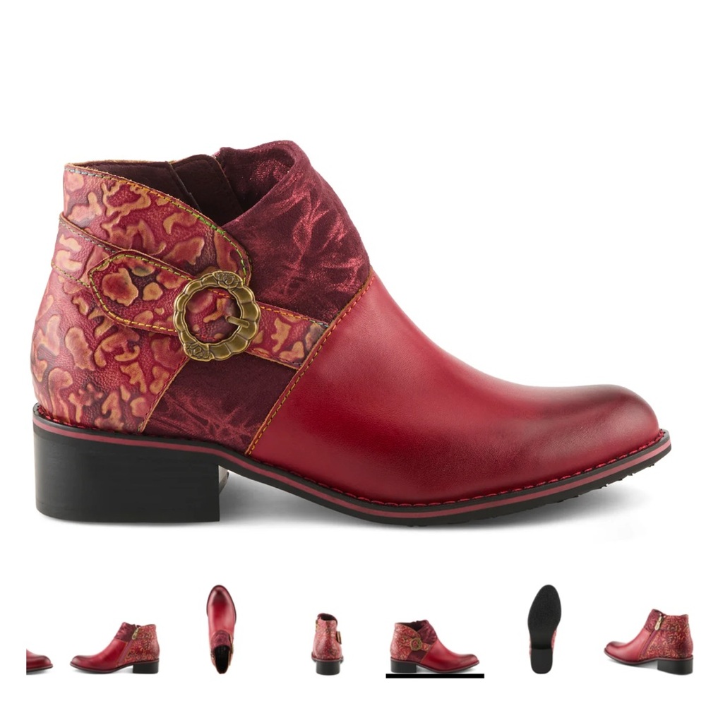 L'ATISTE Red Leather Ankle Boot with Floral Strap and Antique Buckle